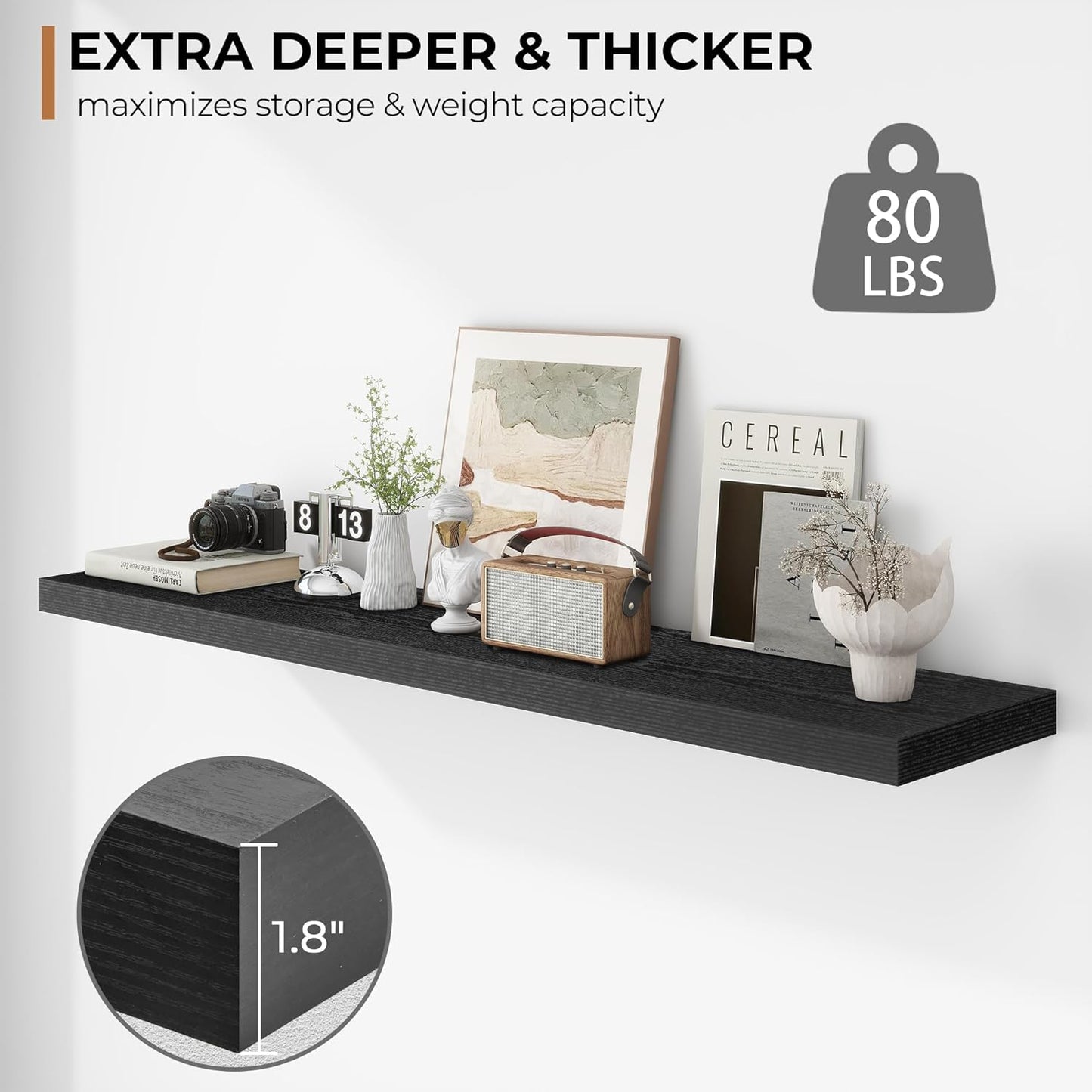 Fun Memories Floating Shelves - 12 Inch Rustic Wooden Wall Shelves - Extra Deeper & Thicker Wall Mounted Storage Shelf for Living Room, Kitchen, Farmhouse - 55" W x 12" D x 1.8" H - Rustic Black