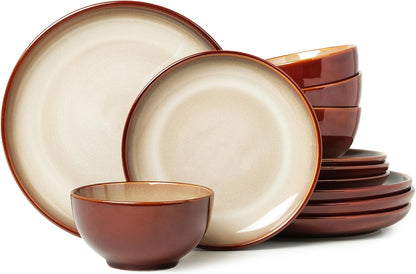 Stoneware Dinnerware Set Service for 4, 12 pcs Reactive Glaze Plates and Bowls Sets, Handmade Round Dishes Set, Highly Chip and Crack Resistant Modern Plate Set, Brown Yellow