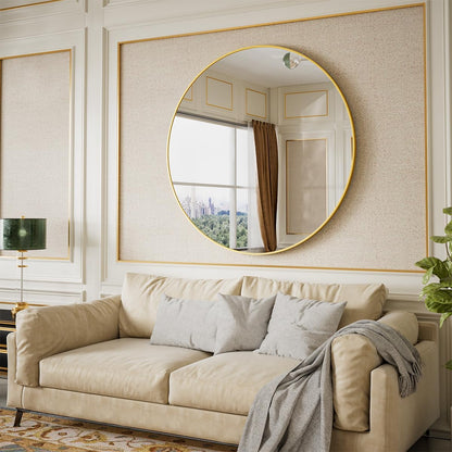 BEAUTYPEAK 42 Inch Round Mirror, Metal Frame Circle Mirror, Wall Mounted for Entryway, Bathroom, Vanity, Living Room, Gold