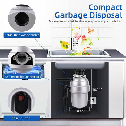 Powerful 1HP Stainless Steel Garbage Disposer, Dishwasher-Friendly and Continuous Feeding Waste Disposer, Grinding Material Four-Stage Grinding, Silver