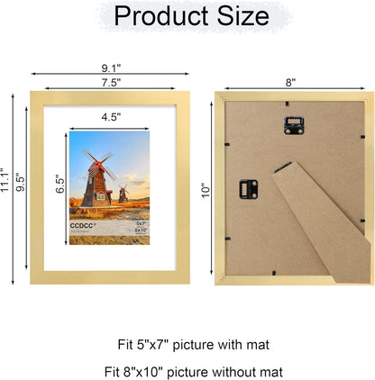 8x10 Picture Frame Set of 4, 8 x 10 Wood Photo Frames with Mat for 5x7, Wooden Frame with Real Glass Cover for Wall and Tabletop Display,Gold