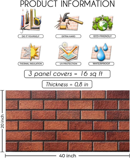 IZODEKOR 3D Brick Effect Wall Panels - Faux Brick Paneling for Living Room, Kitchen, Bathroom and More | Oldbury - Pack of 3, Covers 16 sq ft