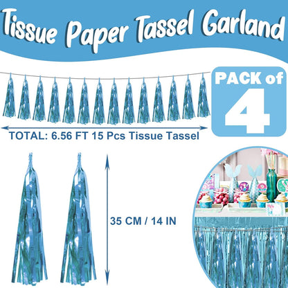 4P Light Blue Foil Fringe Metallic Streamers Banner Tassel Garland for Parade Floats, Bachelorette, Wedding, Birthday, Halloween, Christmas, Bridal/Baby Shower Party Decorations