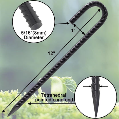 VVOKGO Rebar Stakes 12 Inches J Hook Heavy Duty Chain Link Fence Stakes, 16 Pcs Metal Long Tent Spikes Ground Anchors for Wire Fencing, Dogs Digging, Camping Tents, Swings, Greenhouse, Black