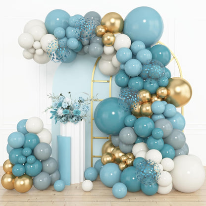 Amandir 153pcs Dusty Blue Balloon Garland Arch Kit, Different Sizes 18 12 10 5 inch Slate Fog Blue Ivory Latex Metallic Confetti Balloons for Boys Birthday Baby Shower Ocean Theme Party Decorations