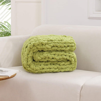 WESHIONGOO Chunky Knit Blanket Throw Knitted Throw Blankets for Couch Bed Fluffy Soft Blanket with Jumbo Chenille Yarn Thick 100% Handmade (Lime Green, 40"×40")
