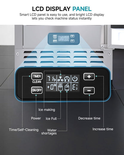 EUHOMY Commercial Under Counter Nugget Ice Maker Machine, 70Lbs/Day, Bulit-in Freestanding Ice Maker with Double Ice Baskets, Self-Cleaning & 24H Timer Ice Machine, for Commercial & Home Use(Silver)