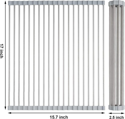 Searik Roll up Dish Drying Rack, Over The Sink Rolling Dish Drainer Rack Multipurpose Foldable Kitchen Stainless Steel Dish Rack Sink Drying Rack for Kitchen Sink Counter (17"x 15.7")