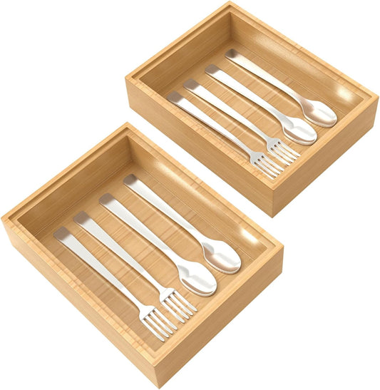 Bamboo Drawer Organizer, 2PCS Stackable Storage Boxes for Utensil Organizer, Wood Tray for kitchen, Bathroom and Bedroom 9" x 6" x 2"