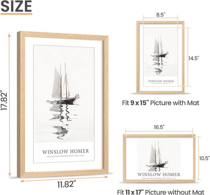 upsimples 11x17 Picture Frame, Natural Solid Wood Picture Frames, Display 9x15 with Mat or 11 x 17 Without, Vertical or Horizontal Wall Hanging, 1 Pack, Natural