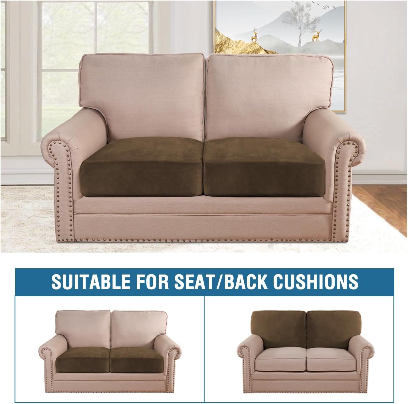 H.VERSAILTEX Velvet Stretch Couch Cushion Cover Plush Cushion Slipcover for Chair Loveseat Sofa Cushion Furniture Protector Seat Cushion Sofa Cover (2 Piece Medium Sofa Cushion Covers, Bronze Brown)