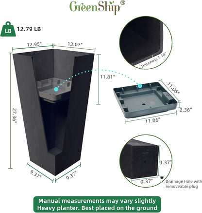 GreenShip 27" Tall Planters, Set of 2 – Black Outdoor Planter for Front Porch & Tall Plants, Weather-Resistant, with Drainage Hole & Rubber Plug (No Plants Included) (Black-2pcs)