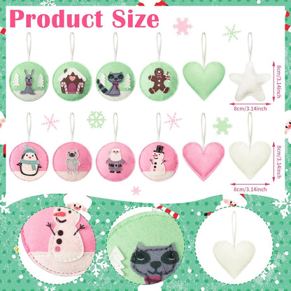 12 Pcs Christmas Felt Ornaments for Tree Santa Claus Snowman Gingerbread 3D Pink Pastel Mint Turquoise Decoration Hanging Felt Craft for Christmas Party Favors Gifts