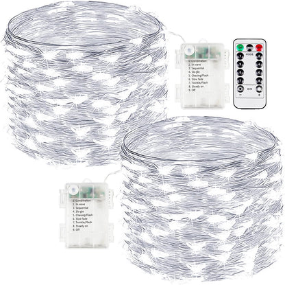 2-Pack Fairy Lights Battery Operated with Remote, Waterproof 33FT 100 LED Battery String Lights Outdoor Indoor, 8 Modes Twinkle Lights with Timer for Bedroom Wedding DIY Christmas Decor (Cool White)