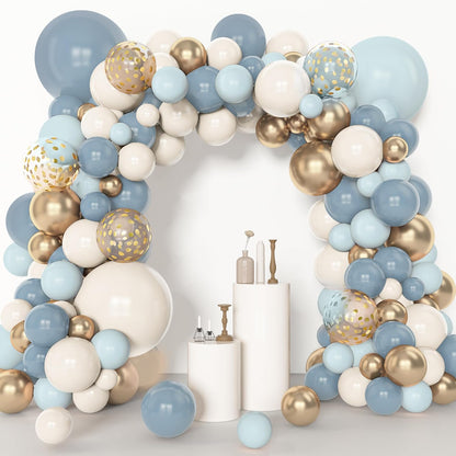 Amandir 153pcs Dusty Blue Balloon Garland Arch Kit, Different Sizes 18 12 10 5 inch Blue White Sand Latex Metallic Confetti Gold Balloons for Boys Birthday Boho Baby Shower Party Decoration Supplies