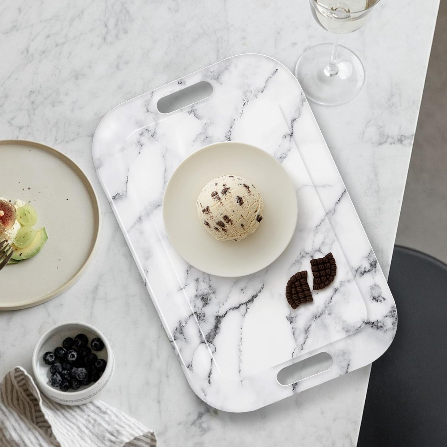 Serving Trays with Handles, 14.5 x 9.8 inch Rectangular Plastic Tray for Restaurant, Kitchen, Gray White Marble