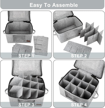 2 Pack Wine Glass Storage Box with Dividers, Stemware Storage Containers for Packing and Moving, China Storage Containers Box for 12 Crystal Glassware, Wine Glasses, Drinkware,Light Gray