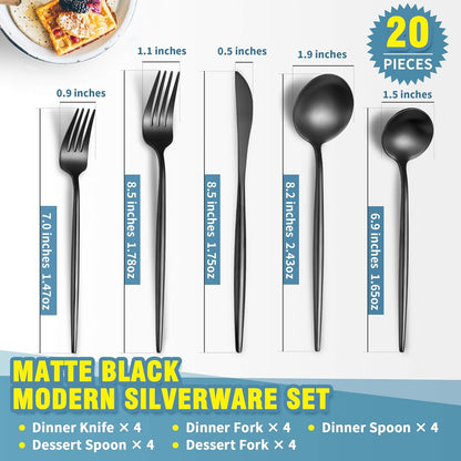 Matte Black Silverware Set for 4,Modern Stainless Steel Brushed Cutlery Set,20-Pieces Heavy Duty Flatware Set,Knives Spoons and Forks Set Utensils Set, Satin Finish, Dishwasher Safe