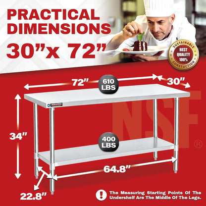 DuraSteel 30x72 Stainless Steel Prep Table - NSF Commercial Kitchen Metal Worktable - Large Laboratory Benches with Under Shelf - For Laundry Room, Kitchen, Garage, Restaurant