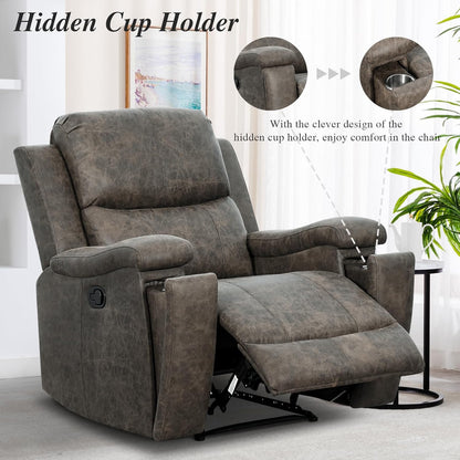 EBELLO Grey Recliner Chair, Single Overstuffed Sofa Recliners, Breathable Faux Leather Manual Reclining Chairs with Hidden Cup Holder, Arm and Back for Adults, Living Room, Bedroom, Grey