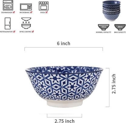 Selamica Blue and White Porcelain 20oz Cereal Bowl Set - Set of 6, 6 inch Soup Bowls, Ceramic bowls for Cereal, Soup, Salad and Pasta, Vintage Blue