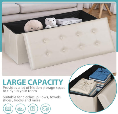 SUPER DEAL Folding Ottoman Bench with Storage, 43 Inch Padded Seat Footrest Shoes Bench for Bedroom Living Room Entryway, 660 lbs Capacity 43"x 15"x 15", Faux Leather, Beige