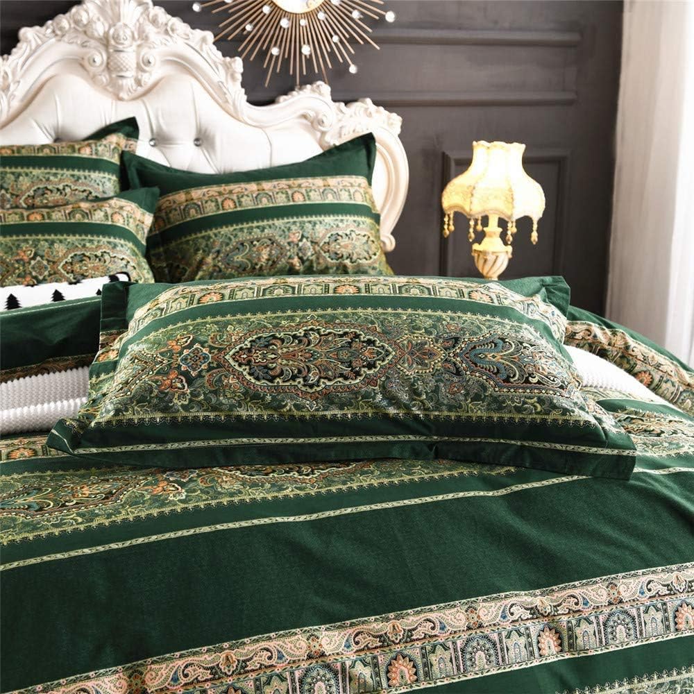 ABREEZE Bohemian Vintage Full Size Floral Cotton Bedding Set 3Pcs Duvet Cover Set Boho Green Paisley 100% Egyptian Brushed Cotton Reversible Home Bedding Collection