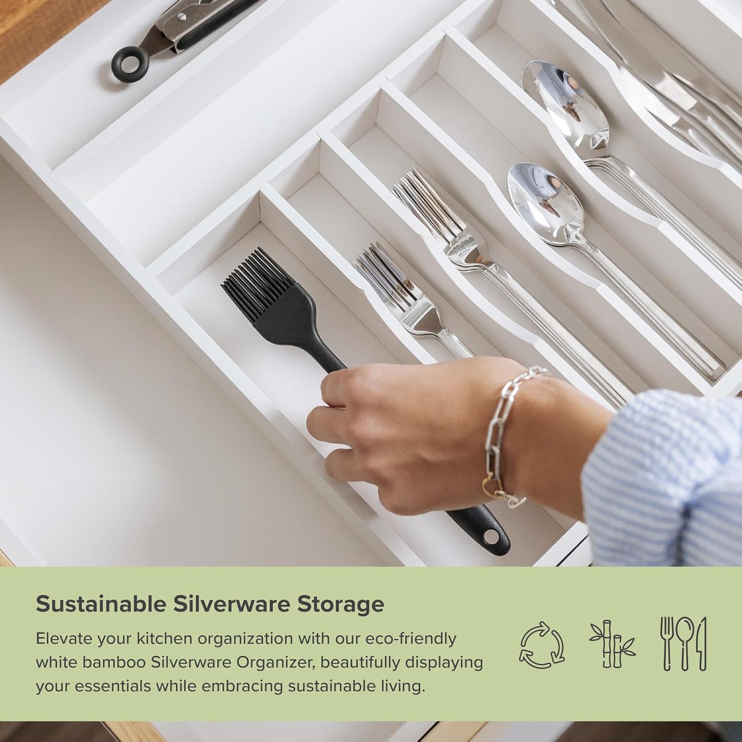 Premium Silverware, Flatware and Utensil Organizer for Kitchen Drawers, Food-Safe Contract Grade, Expandable from 18 to 33 In, White Bamboo