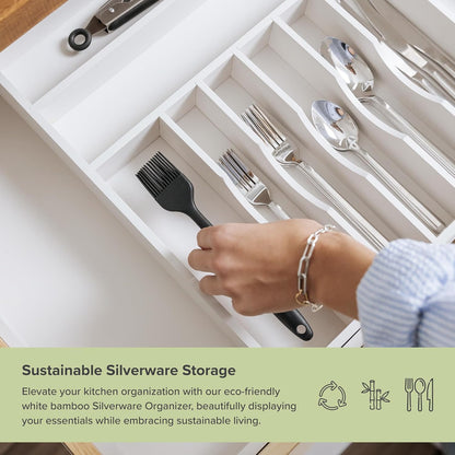 Premium Silverware, Flatware and Utensil Organizer for Kitchen Drawers, Food-Safe Contract Grade, Expandable from 18 to 33 In, White Bamboo