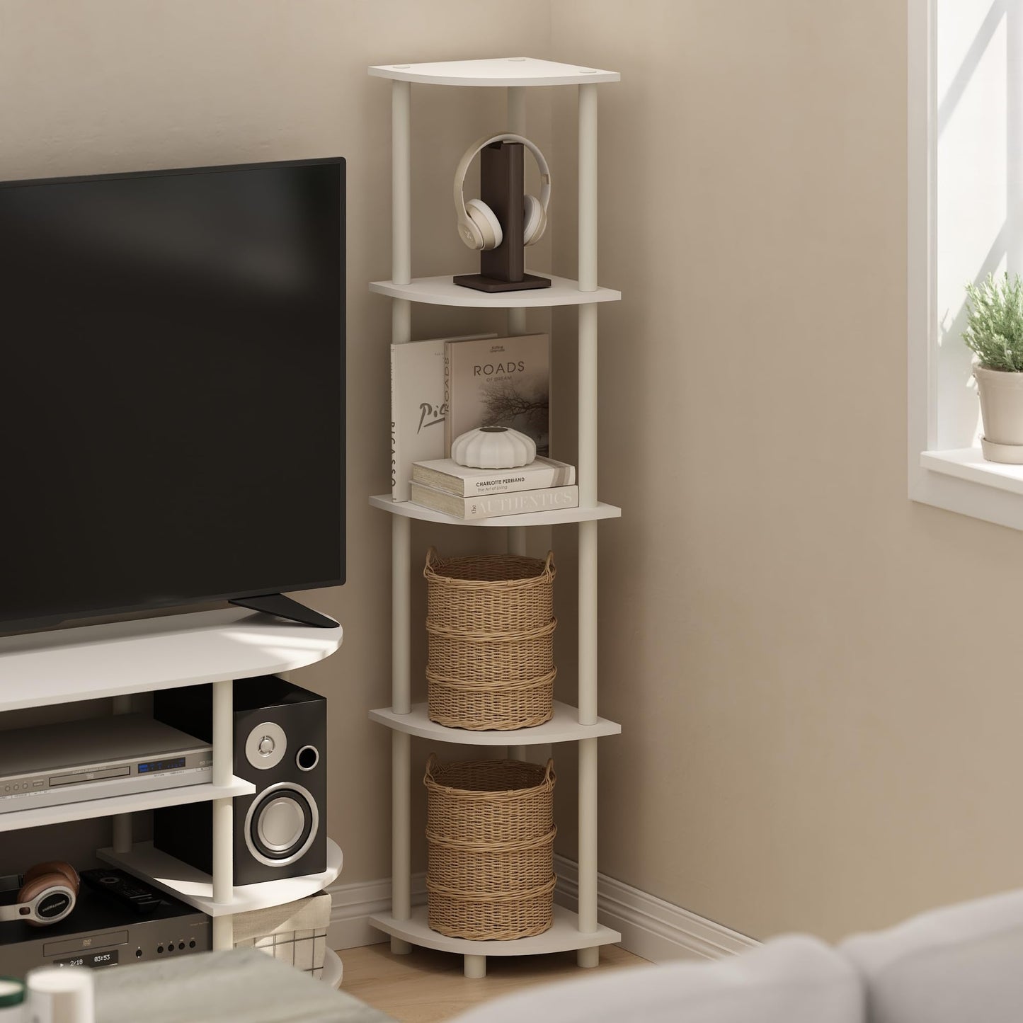 Furinno Turn-N-Tube Corner Shelf, 5-Tier Corner Bookshelf, Open Storage Shelves, for Organization