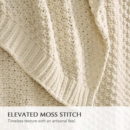 Chunky Chenille Knit Throw Blanket for Couch, Soft Luxurious Moss Stitch Blankets for Bed, Cozy Decorative Farmhouse Knitted Throws for Sofa, Beige, 50" x 60"