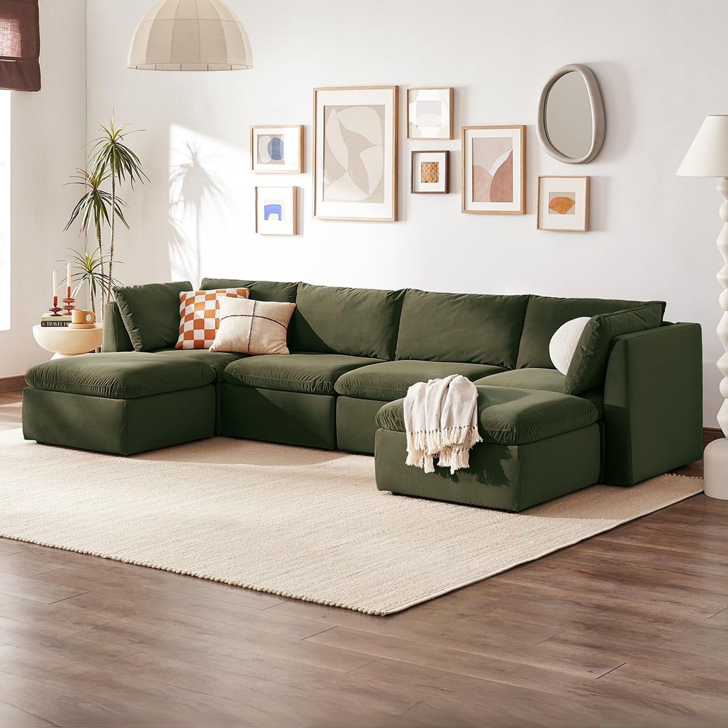 mopio Oversized Modular Sectional Sofa with Fully Removable Covers and Storage, Convertible U, L-Shaped and Sleeper Sectional, Modern Couches with Ottoman Chaise (Olive Green Velvet, 6 Seats, U)