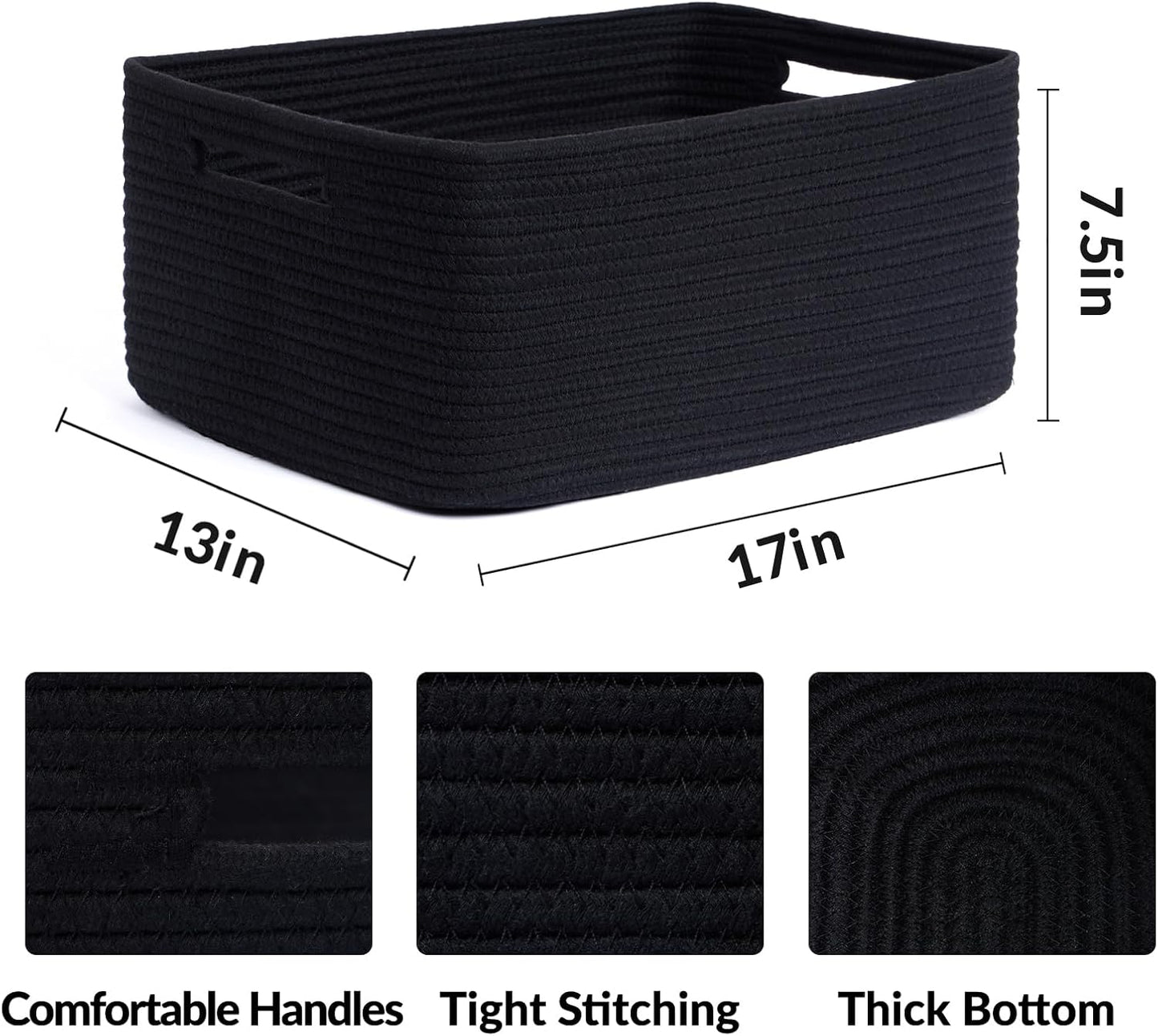 Large Storage Baskets for Organizing, Closet Shelf Baskets for Clothes Blanket Towels, Baby Nursery, Toy Bins Box, Woven Rope Baskets, 17 x 13 x 7.5”, 4 Packs Black