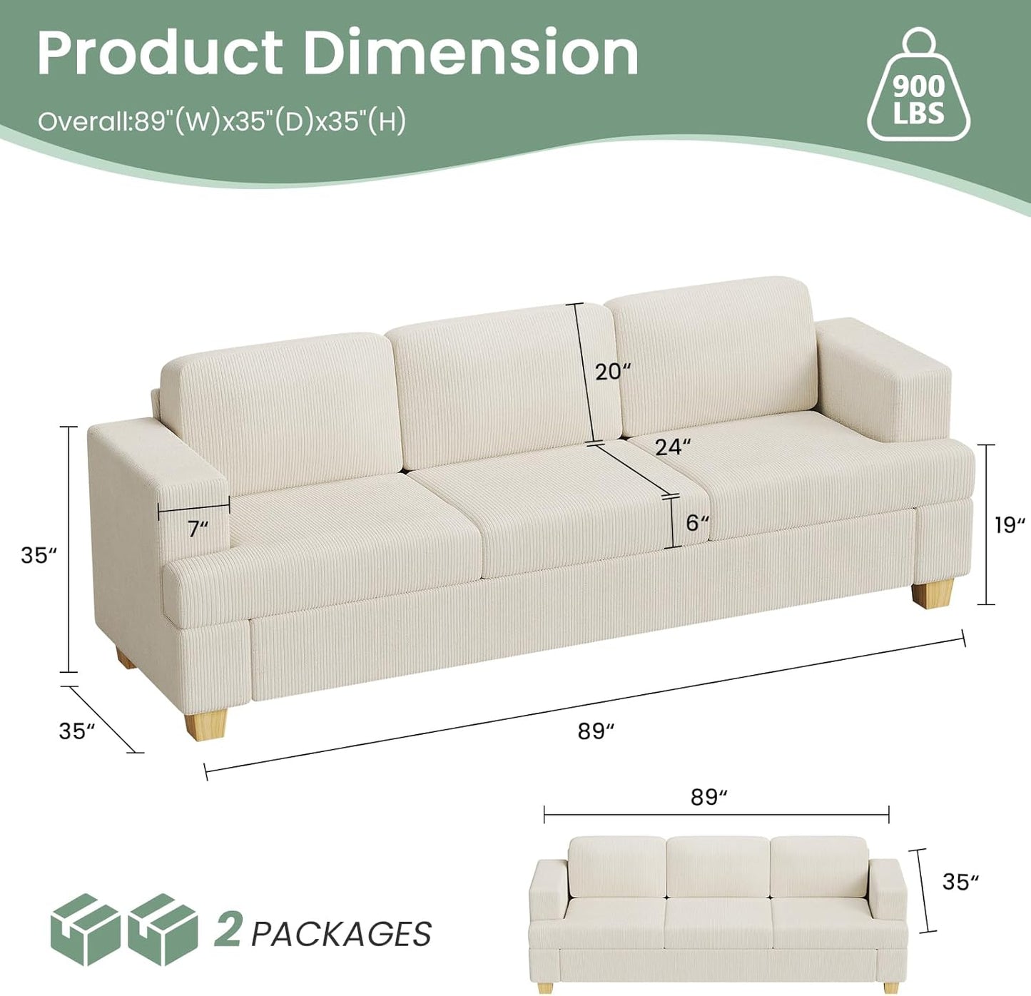 2 Pieces Corduroy Couch Set for Living Room, 6 Seats Cloud Sofa, Deep Seat Floor Couch for Bedroom, Futon Modern Sofa Bed, White Corduroy