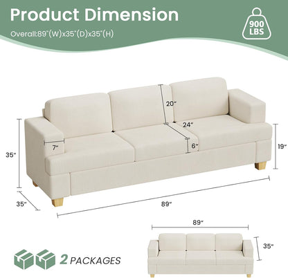 3 Pieces Corduroy Couch Set for Living Room, 3 Seater & Loveset*2 Cloud Sofa, Deep Seat Floor Couch for Bedroom, Futon Modern Sofa Bed, White Corduroy