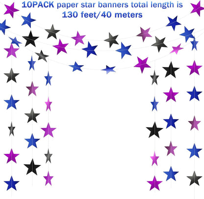 Patelai Glitter Star Garland Banner Decor 130 Feet Star Hanging Bunting Banner Twinkle Backdrop for Homecoming Classroom Wedding Birthday Halloween Christmas Party Supplies(Blue,Black,Purple)