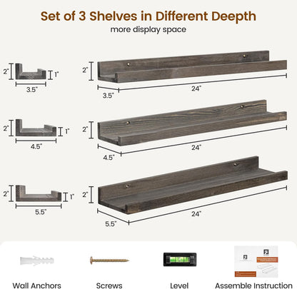 Picture Ledge Wall Shelves - 24 Inch Width Set of 3, Solid Pine Wood Rustic Floating Ledge Shelves for Kids' Room, Bedroom, Kitchen, Bathroom, Living Room, Nursery Display Wall Decor, Grey