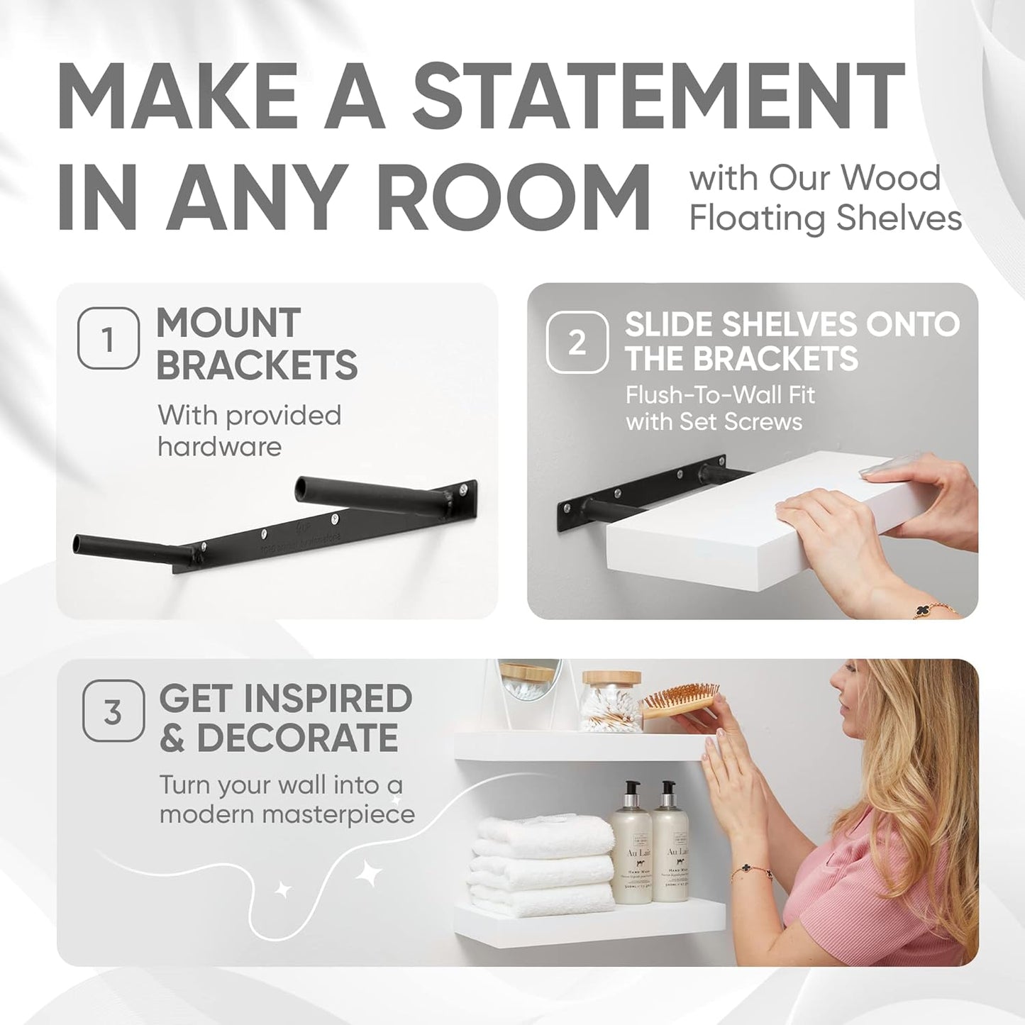 Homeforia White Floating Shelves 16 inch, High End Solid Real Wood 16inch Bathroom Floating Shelf for Wall Mounted, White Wooden 16 Floating Shelves, Heavy Duty Bracket, 16 X 6.5 X 1.75 inch, Set of 3