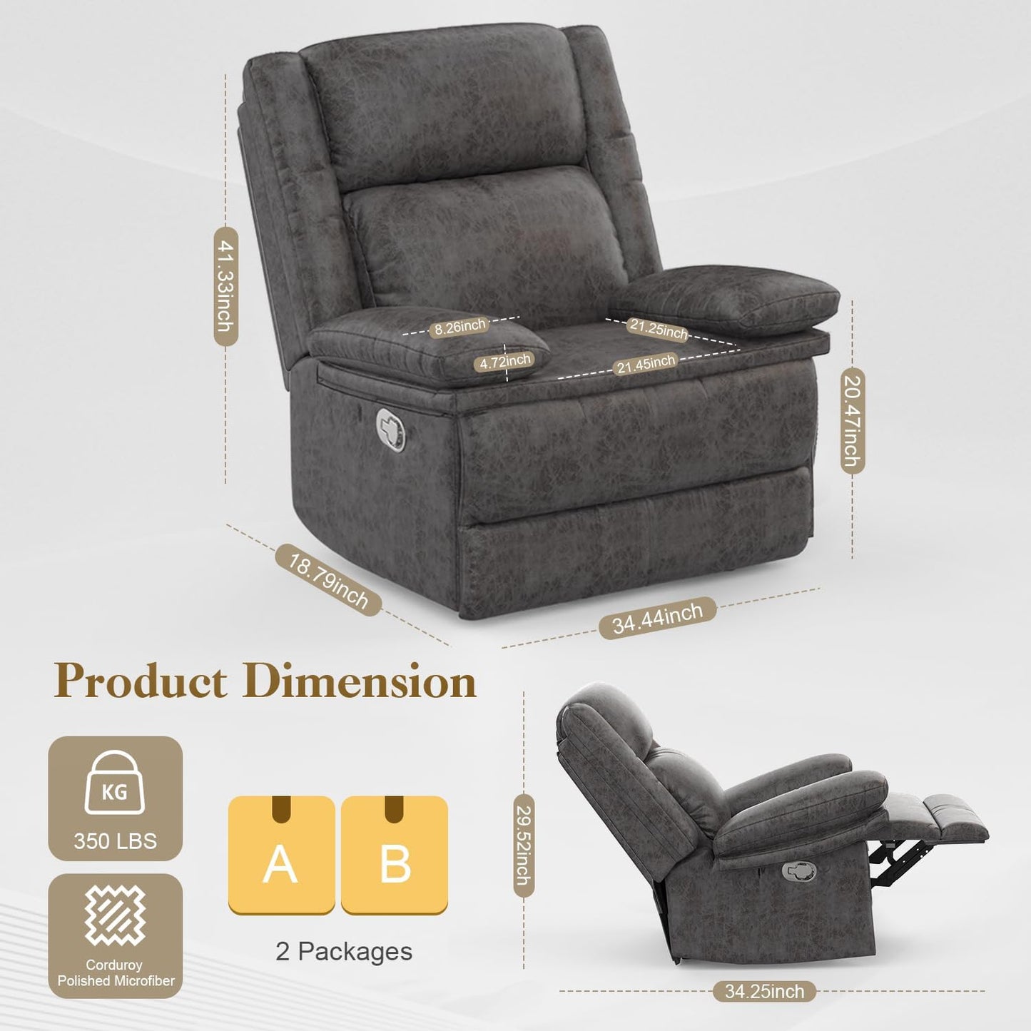 Recliner Chair for Adults, Oversized Manual Pull Tab Reclining Chair, 2-Tier Cushions, Minimalist Style Single Sofa for Living Room, RV (Polished Microfiber)