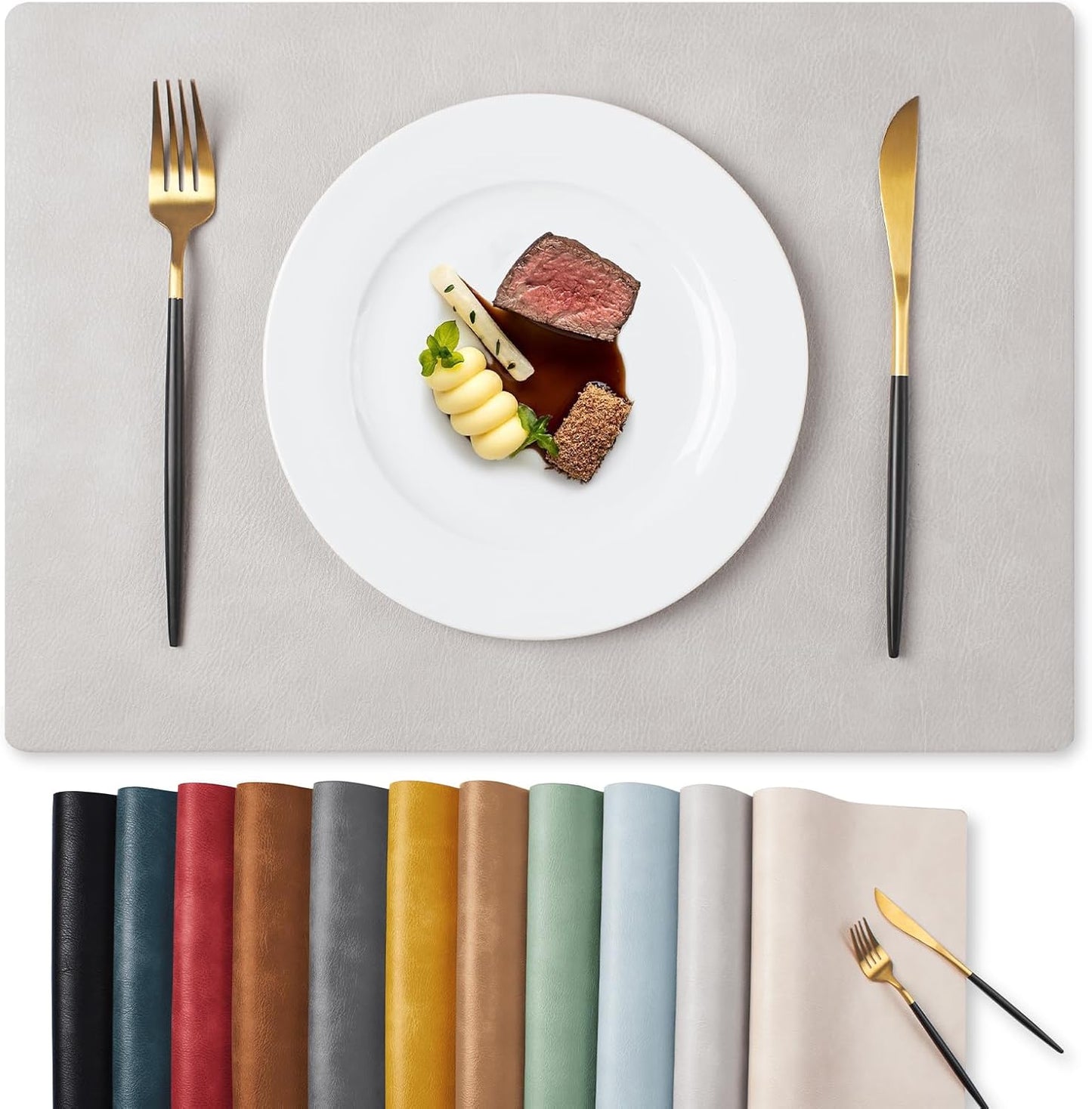 MOSAYT Vinyl Placemats Set of 8-12 X 17 Inch - Faux Leather 100% Waterproof Oil-Proof Wipeable PU Place Mats, Heat Resistant Reversible Table Mats for Kitchen, Dining, Outdoor (Light Grey)