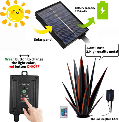 Large Tequila Rustic Sculpture, Rustic Metal Agave Plants for Outdoor, Metal Agave Garden Yard Statue, Outdoor Lawn Ornaments Yard Stakes (Rusty - L (W/Solar Light))