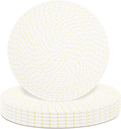 Round Placemats Set of 6, Cotton Rope Woven Table Mats, Hot Pads for Kitchen, Non Slip Heat Resistant Place Mats, 13 Inches Braided Placemat for Farmhouse Decor and Kitchen Table Decor (Beige Line)