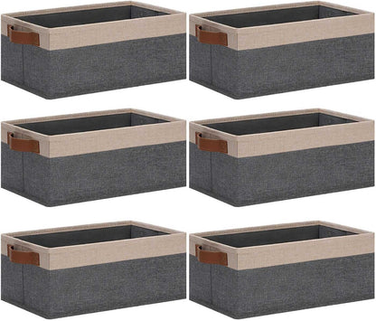 GhvyenntteS Small Fabric Storage Bins 6 Pack, 11.8" x 7.87" x 5.11" Storage Basket with Leather Handles, Closet Storage Bins for Shelves, Storage Baskets for Shelves, DVD Storage (Grey/Beige Yellow)