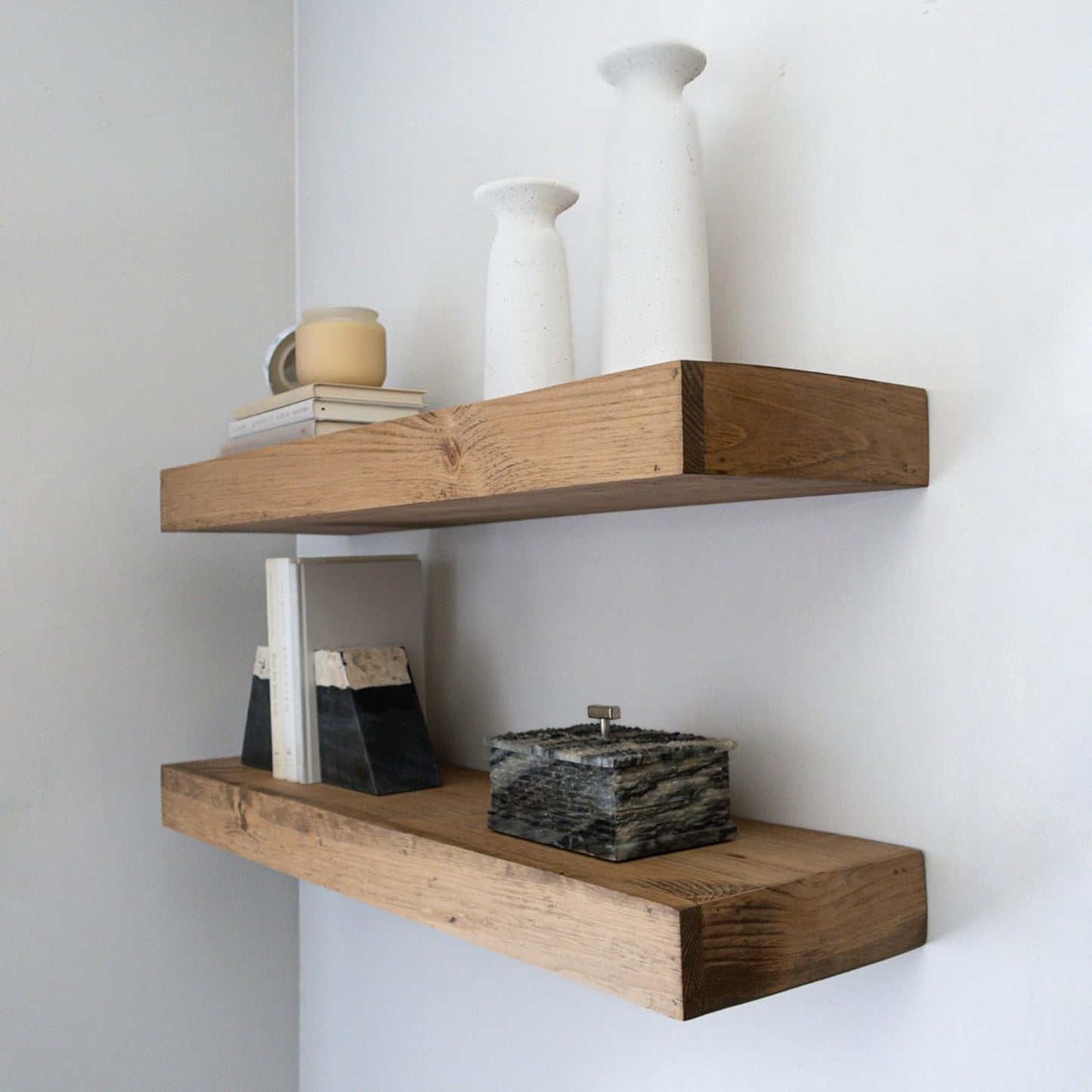 Modern Floating Shelves 3 Inches Thick for Wall, Wide Shelves for Kitchen, Living Room, Bedroom, and Bathroom, Natural Pine Wood, Rustic Wooden Shelf, (Set of 2) (Aged Oak, 60Lx3Hx6D)