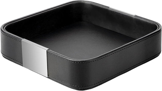 SANZIE Luxury Leather Desktop Storage Small Catchall Organizer Decorative Tray for Entryway Table to Hold Jewelry Watch Cosmetics Keys Phone Wallet, Home & Office Accessories (Metal Silvered, Black)