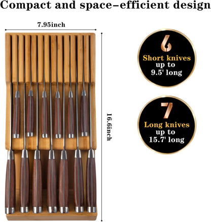 Bamboo Kitchen Drawer Knife Block, In drawer Knife Holder, Knife Drawer Organizer fit for 13 knives