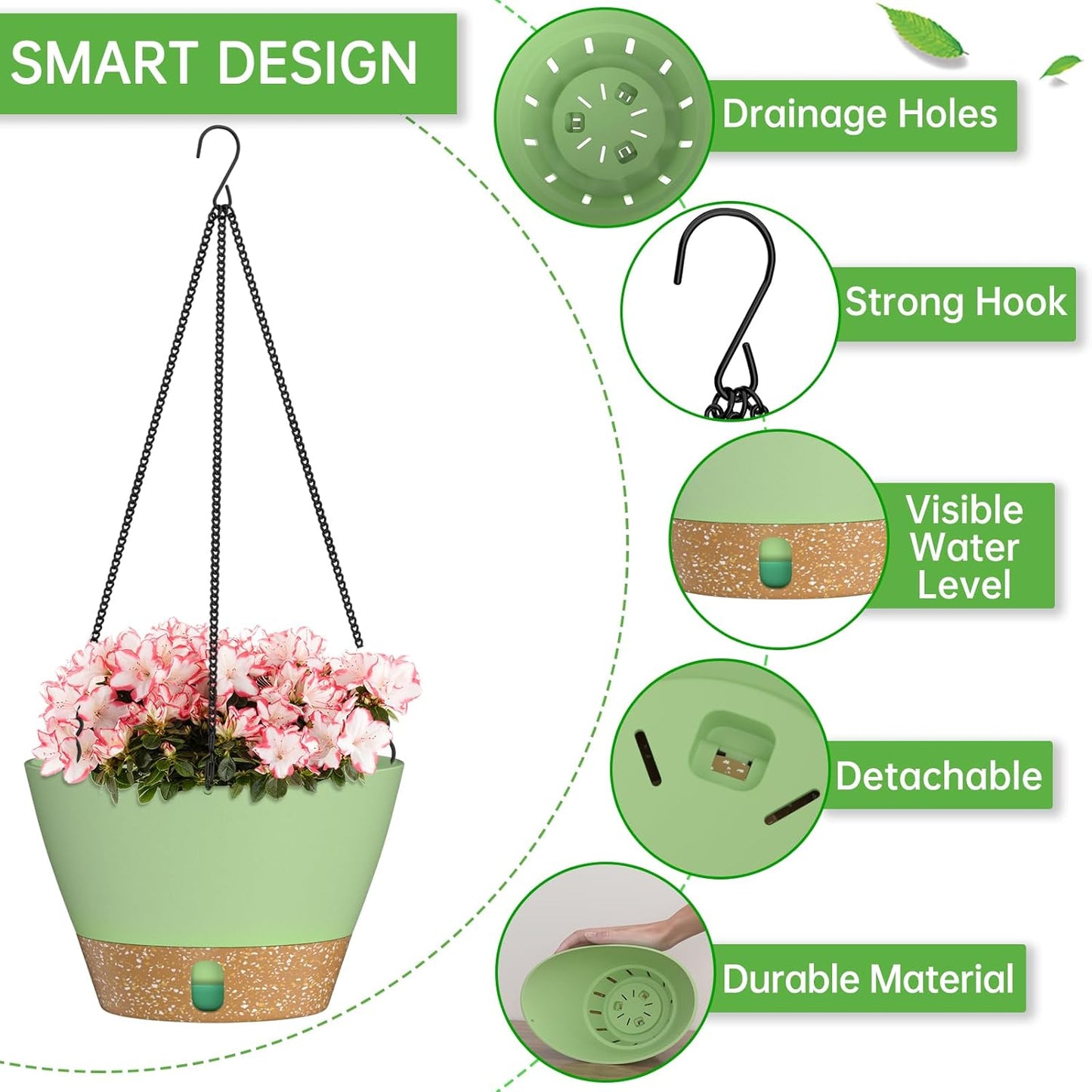 ZMTECH 8 Inch Hanging Planters for Indoor Plants, Hanging Baskets for Plants Outdoor with Visible Water Level, Hanging Flower Pots with Drainage Holes & Removable Tray(2 Pack, Green)