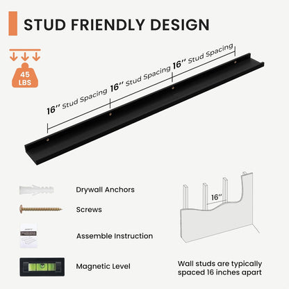 Solid Ash Wood Picture Ledge Shelf, Floating Shelves Set of 2, 56 Inch Long Large Ledge Shelves, Nursery Book Shelves Wall Mounted for Living Room Bedroom Kitchen Decor Kids Bookshelf, Black