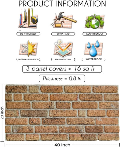 IZODEKOR 3D Wall Panels Brick Effect - Cladding, Stone Look, Styrofoam Facing for Living Room, Kitchen, Bathroom, Balcony, Bedroom, Back of Counter | The Telegraph Road (3 Piece Panel) | Covers 16sqft