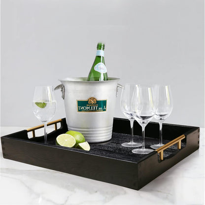 LotFancy Wood Serving Tray, 17x13”, Large Ottoman Tray with Metal Handles, Decorative Wooden Tray for Living Room, Ottoman, Coffee Table, 2 Skidproof Coasters Included, Black